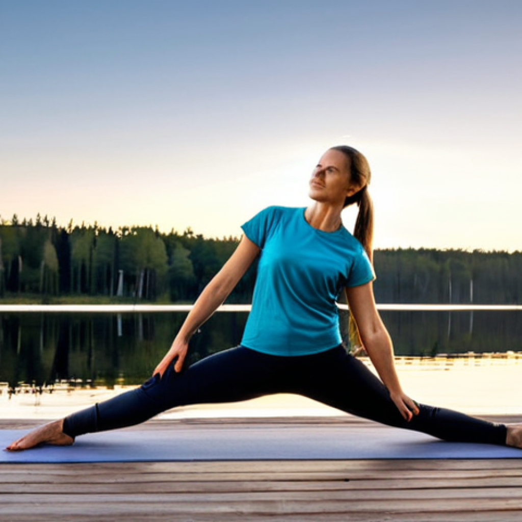 Morning Routine**
"A woman in her early 30s, fully clothed in comfortable yoga pants and a loose-fitting t-shirt, practicing yoga on a wooden deck overlooking a serene Swedish lake at sunrise, fully clothed, safe for work, perfect anatomy, correct proportions, natural pose, ambient lighting, professional photography, high quality, appropriate content, family-friendly."
**