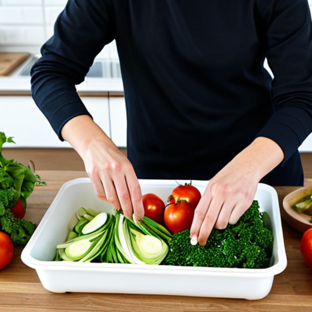 Sustainable Food Choices**
A bright, inviting kitchen scene featuring a person preparing a meal with fresh, locally sourced, and organic vegetables. The kitchen includes elements like reusable containers, visible composting bin, and energy-efficient appliances. The person is wearing comfortable, practical clothing. Focus on highlighting the vibrancy of the fresh produce and the conscious choices being made in the kitchen. Add the text overlay "Minska matsvinnet - Börja idag!" (Reduce food waste - Start today!). Safe for work, appropriate content, fully clothed, professional, modest, family-friendly, perfect anatomy, correct proportions, natural pose, well-formed hands, proper finger count, natural body proportions.
**