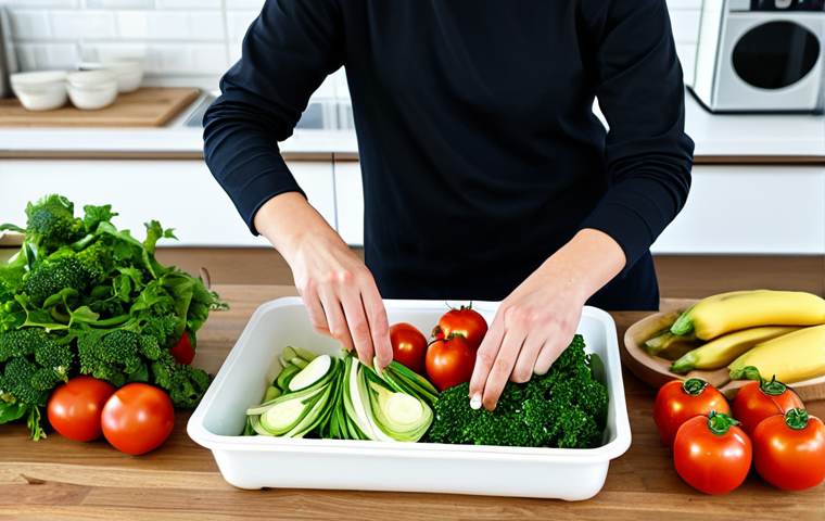 Sustainable Food Choices**
A bright, inviting kitchen scene featuring a person preparing a meal with fresh, locally sourced, and organic vegetables. The kitchen includes elements like reusable containers, visible composting bin, and energy-efficient appliances. The person is wearing comfortable, practical clothing. Focus on highlighting the vibrancy of the fresh produce and the conscious choices being made in the kitchen. Add the text overlay "Minska matsvinnet - Börja idag!" (Reduce food waste - Start today!). Safe for work, appropriate content, fully clothed, professional, modest, family-friendly, perfect anatomy, correct proportions, natural pose, well-formed hands, proper finger count, natural body proportions.
**