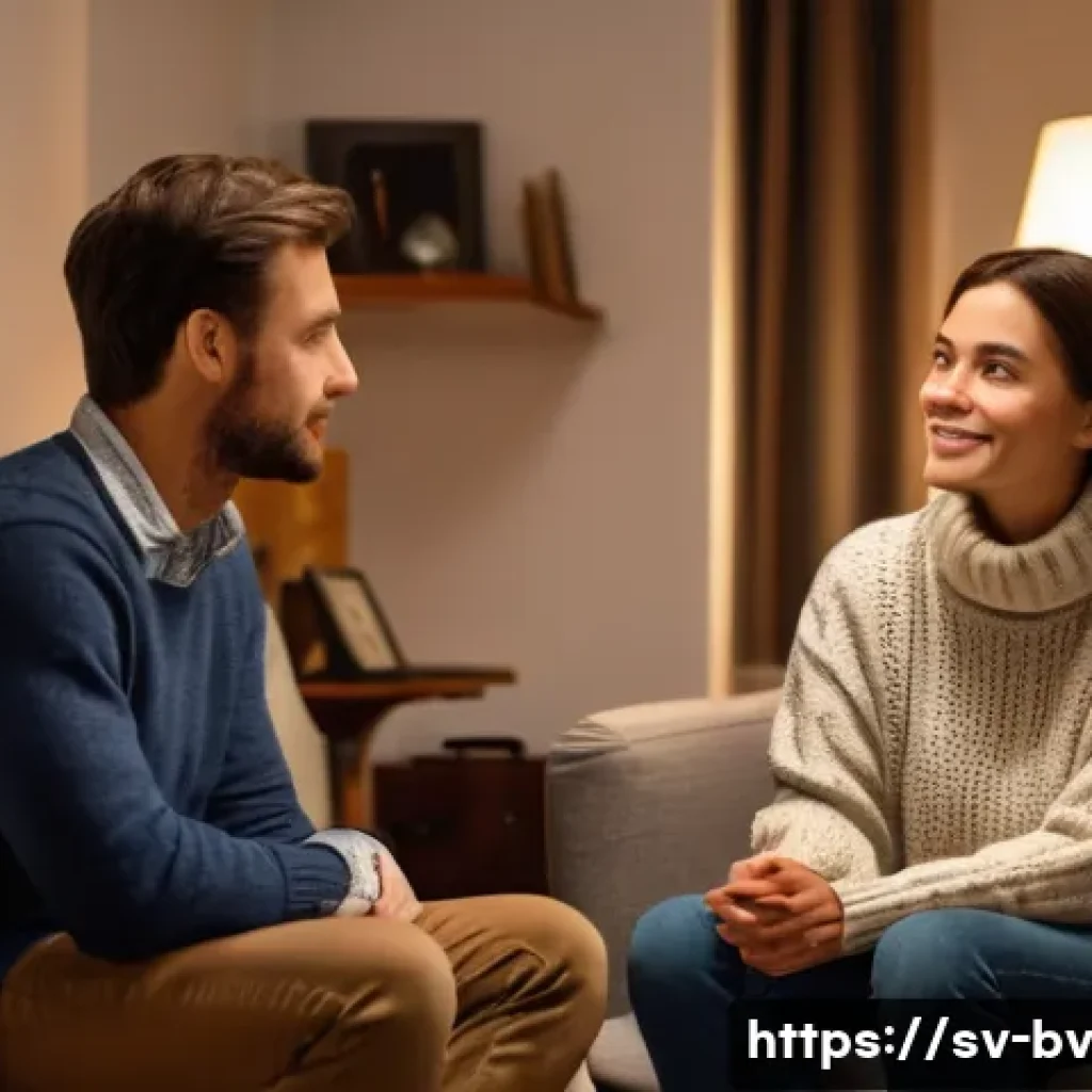 상대방과의 관계를 돈독히 하는 대화법 - **Prompt:** A cozy, warmly lit indoor scene featuring two adult individuals, one male and one female...