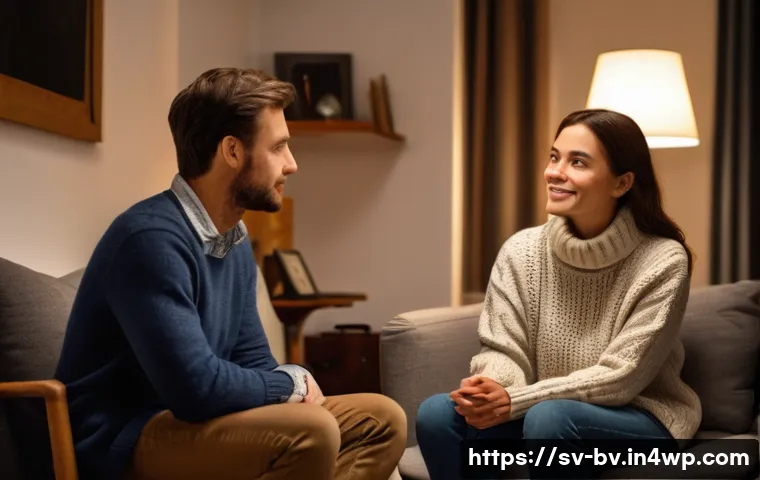 상대방과의 관계를 돈독히 하는 대화법 - **Prompt:** A cozy, warmly lit indoor scene featuring two adult individuals, one male and one female...