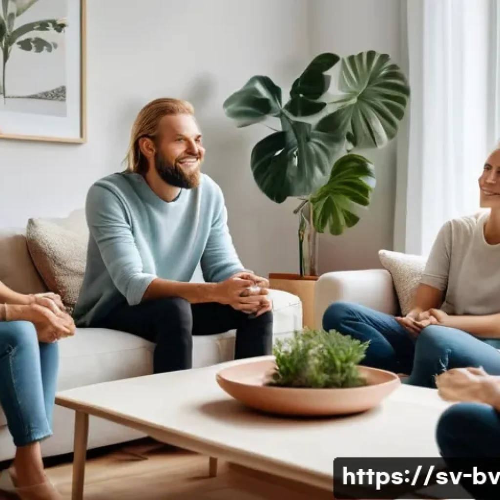커뮤니케이션에서의 진정성 유지하기 - A diverse group of Swedish adults sitting in a cozy, modern living room with warm lighting, engaging...
