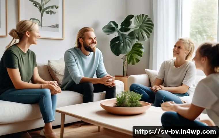 커뮤니케이션에서의 진정성 유지하기 - A diverse group of Swedish adults sitting in a cozy, modern living room with warm lighting, engaging...