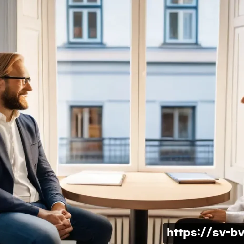 상대방과의 소통에서의 태도 변화 - A warm, inviting office scene in Stockholm featuring two Swedish adults engaged in active listening ...