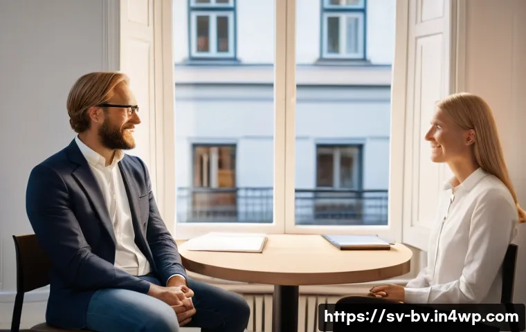 상대방과의 소통에서의 태도 변화 - A warm, inviting office scene in Stockholm featuring two Swedish adults engaged in active listening ...