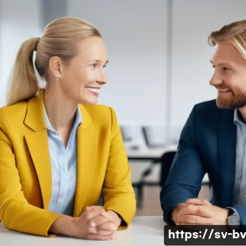 상대방의 반응에 따른 대화 조율하기 - A professional Scandinavian office setting where two colleagues engage in a conversation, focusing o...