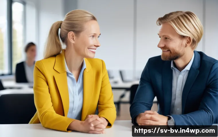 상대방의 반응에 따른 대화 조율하기 - A professional Scandinavian office setting where two colleagues engage in a conversation, focusing o...