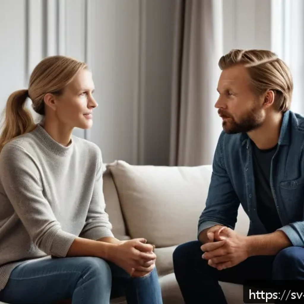 커뮤니케이션에서 공감 능력 향상하기 - A warm and inviting Scandinavian living room scene showing two adults engaged in a deep conversation...