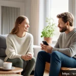 Home 22 상대방의 의견을 존중하는 대화법 - A warm and inviting scene of two adults engaged in deep, respectful conversation in a cozy Scandinav...