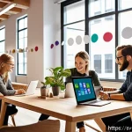 Home 21 소통이 원활한 팀워크 구축하기 - A modern Scandinavian office environment with a diverse team of professionals actively collaborating...