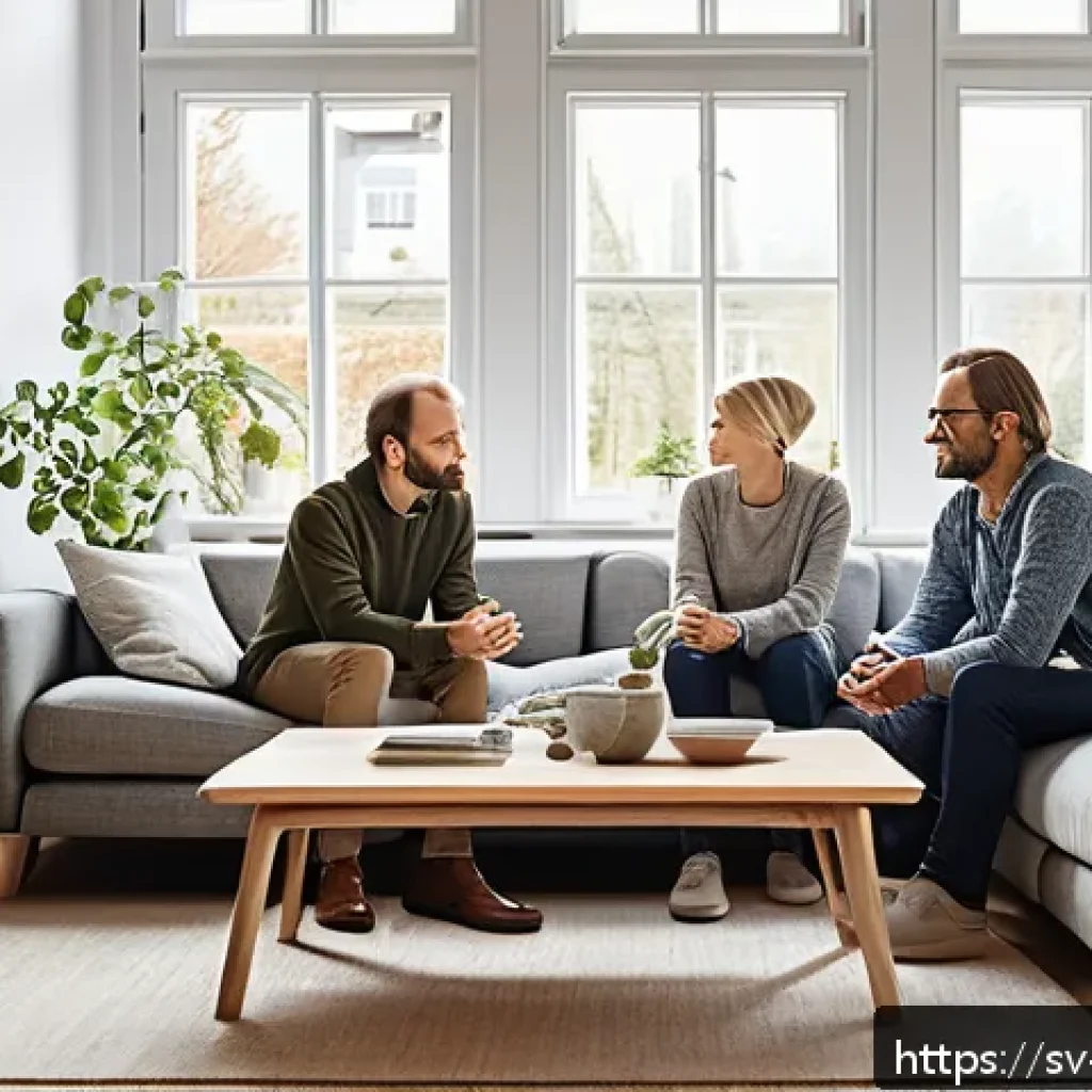 갈등 상황에서의 대화 접근 방법 - A diverse group of adults engaged in a calm and respectful conversation around a modern Scandinavian...