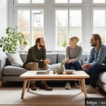 Home 19 갈등 상황에서의 대화 접근 방법 - A diverse group of adults engaged in a calm and respectful conversation around a modern Scandinavian...