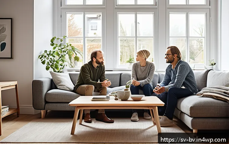 갈등 상황에서의 대화 접근 방법 - A diverse group of adults engaged in a calm and respectful conversation around a modern Scandinavian...
