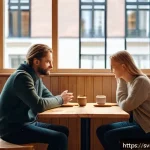 Home 23 상대방의 이야기를 경청하는 기술 - A cozy Scandinavian café setting with two adults engaged in a deep conversation, sitting across from...