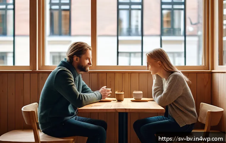 상대방의 이야기를 경청하는 기술 - A cozy Scandinavian café setting with two adults engaged in a deep conversation, sitting across from...