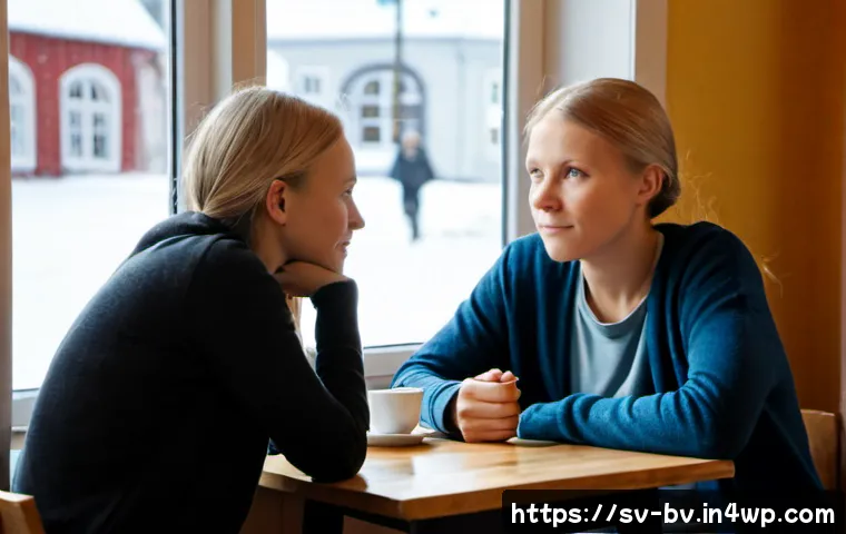 Home 17 상대방의 감정을 읽는 기술 - Photorealistic candid scene in a cozy Swedish café, two adult friends seated across a small wooden t...
